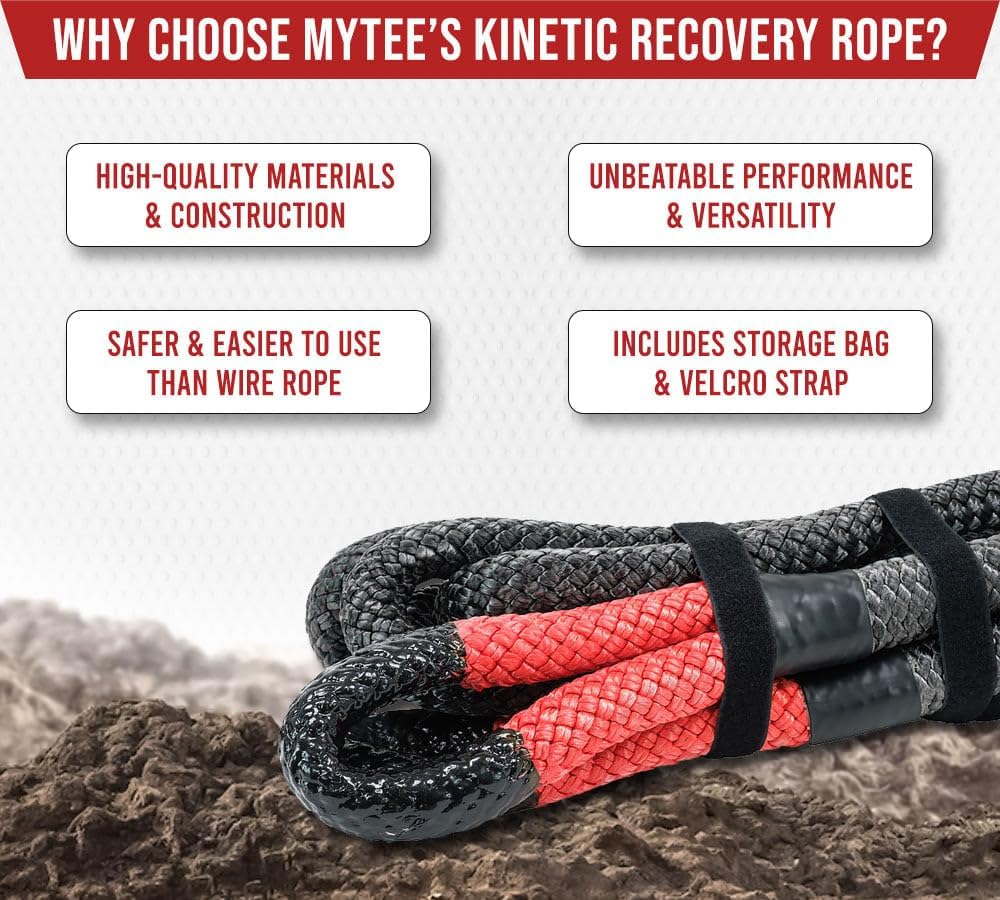 Mytee Products 1-1/2"x30' Kinetic Recovery Rope w/Strap & Tote Bag - 74,000 LBS Red & Black - Heavy Duty Kinetic Energy Tow Rope - Offroad Snatch Strap for Truck, SUV, UTV, ATV, Car, Tractor
