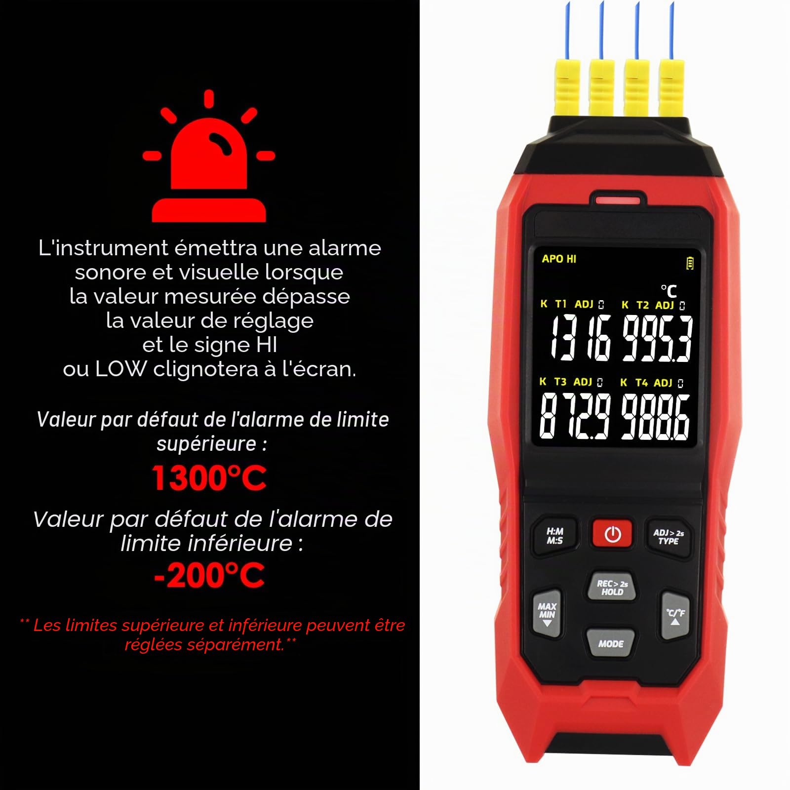 Thermomètre à thermocouple 4 canaux, enregistreur de données, thermomètre portable de type K avec enregistrement de température de 5000 groupes, mesure -328 ~ 1 371,7 °C, alarme sonore et visible