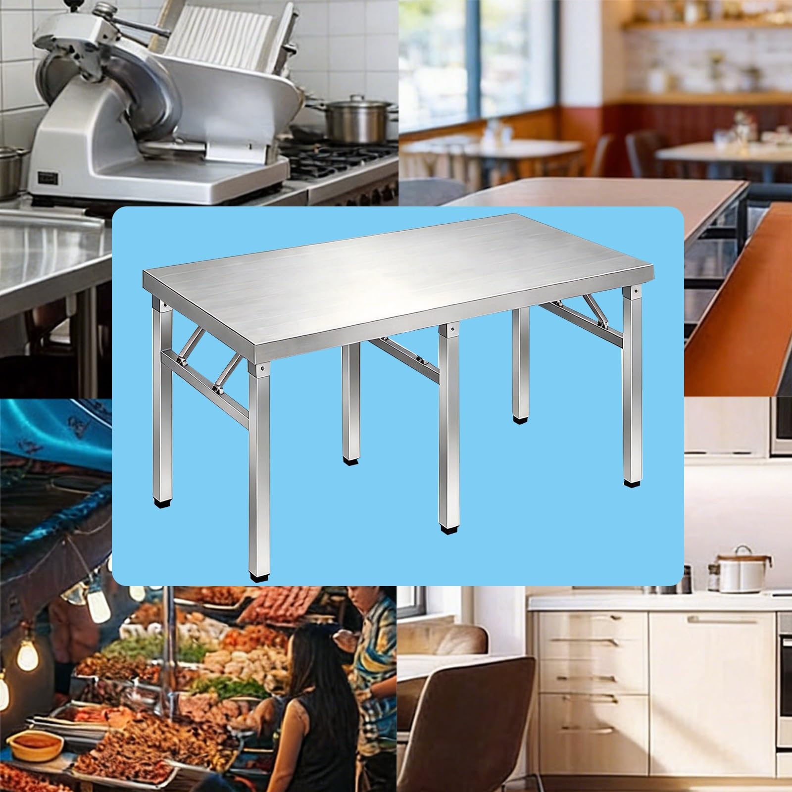 Tavolo da Lavoro in Acciaio Inossidabile a 6 Gambe Piano e Gambe Rinforzati Facile da Trasportare Piedini Regolabili Tavolo da Cucina Pieghevole Doppio a Molla Supporto a Travi Salvaspazio