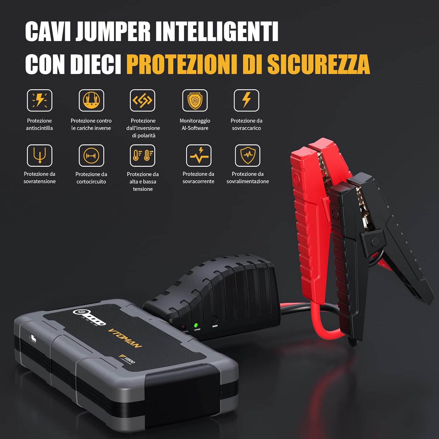 VTOMAN Avviatore di Emergenza per Auto 1500A, Portatile 12V Avviatore Batteria Auto, Adatto per Benzina da 6L e Diesel da 4L, Booster con Torcia a LED Ricarica, Cavo di Avviamento Intelligente V1500-Black - Immagine 5