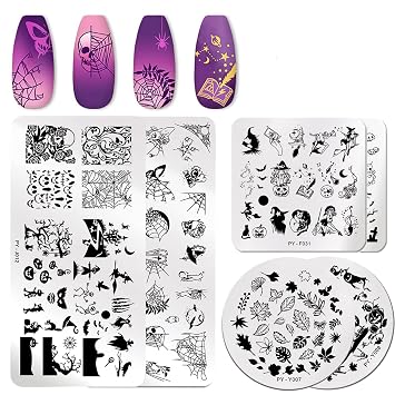 6Pcs Halloween Nail Stamping Plates Fall Maple Leaf Nail Stamper Template Kit Ghost Bat Skull Spider Web Design Nail Decorations Supplies