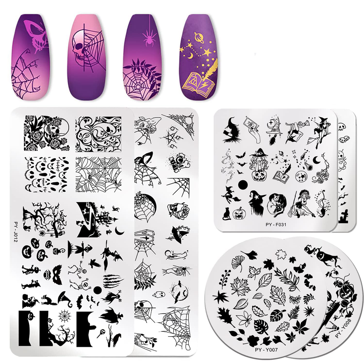 Juego de 6 placas de estampación de uñas de Halloween para otoño, hojas de arce de uñas, kit de plantillas de estampación de murciélago fantasma, cráneo, araña, diseño de red de araña, suministros de