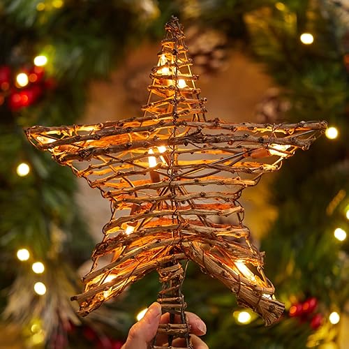 Vista 3 de Brightown Estrella para la Copa del Árbol de Navidad Iluminada Enchufable 3D Ratán Rústico Natural Estilo Granja con 10 Bombillas Integradas