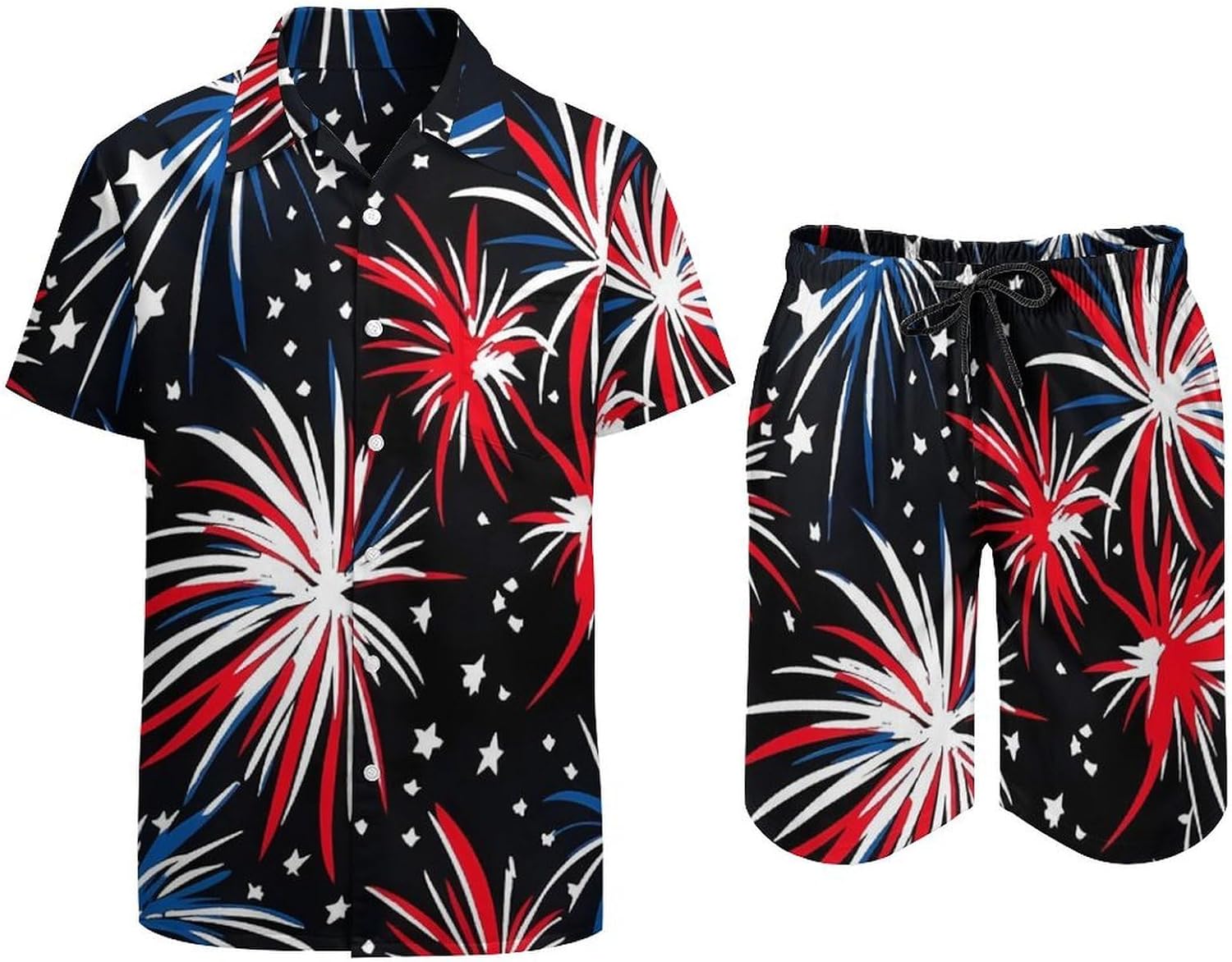 United States Fireworks 4th of July Men's Summer Beach 2 Piece Outfits | hawaiian button down shirt and shorts,vacation cruise,mens bathing suit