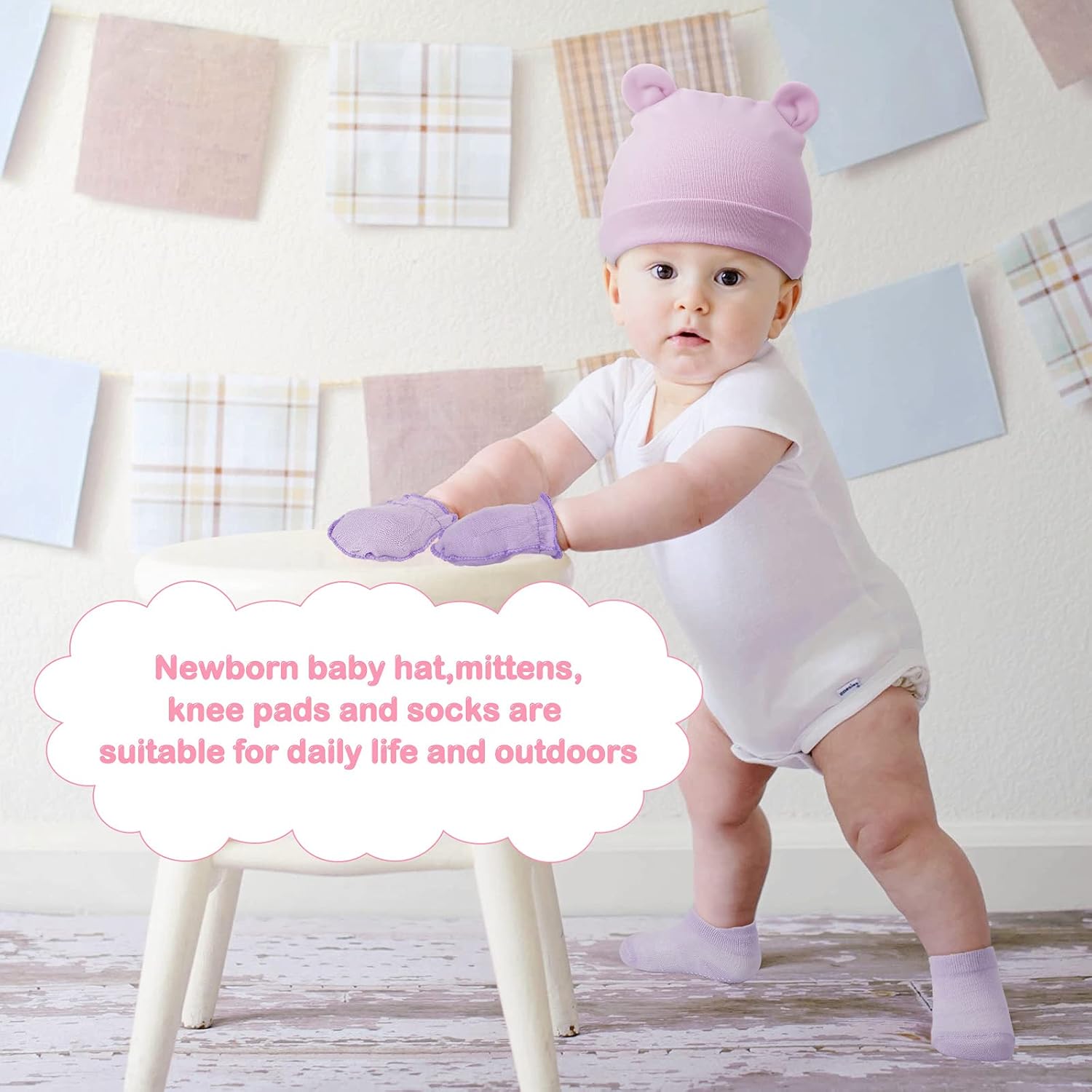 4 Sets Newborn Baby Hat and Mittens Toddler Beanie Cap Non Slip Socks for 0-6 Months - Image 6