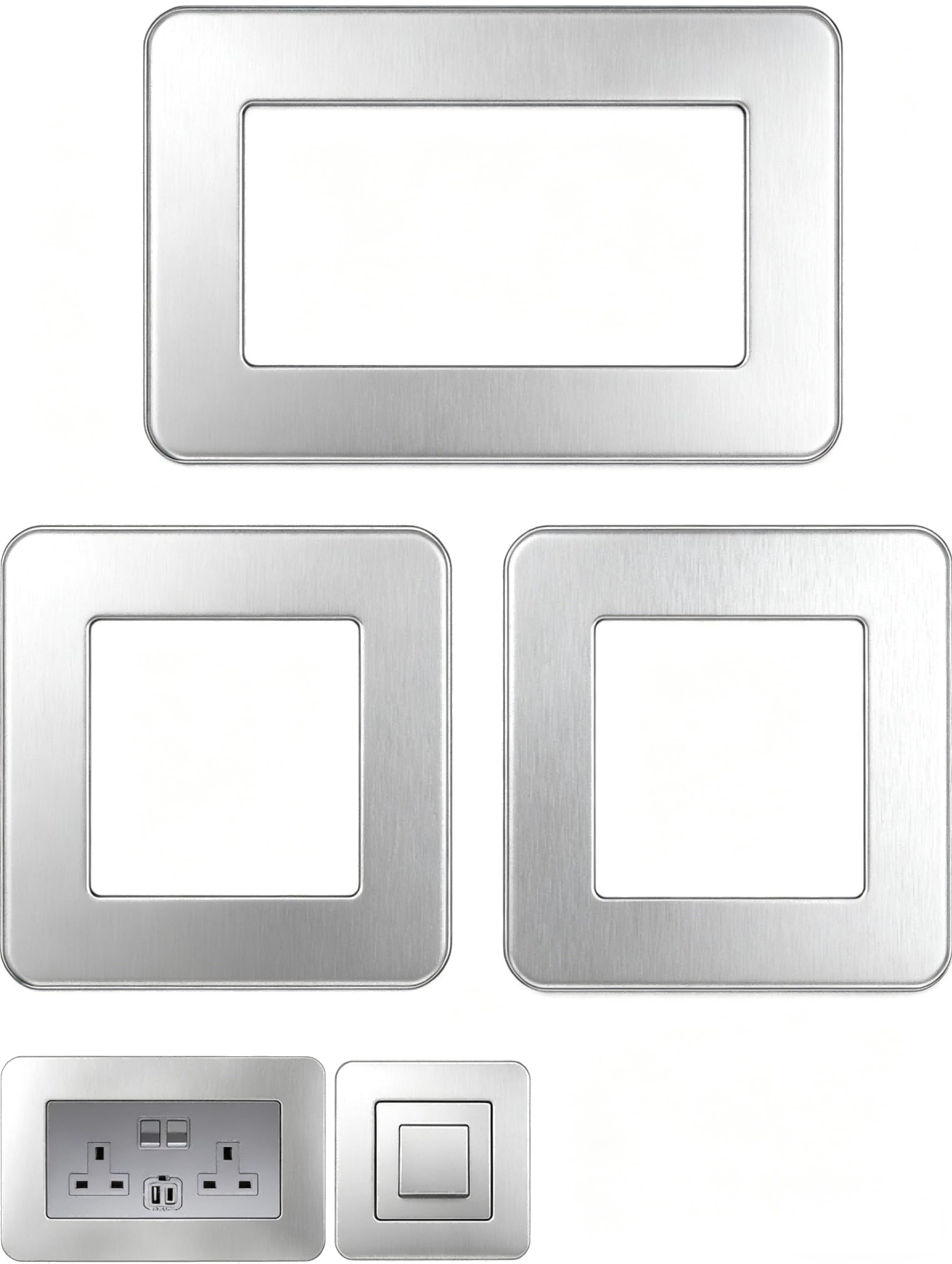 Samyosaien Silver Double Socket Surround & Light Switch Surround,3-Pack Matte Acrylic Cover Plates, Self-Adhesive Decorative Frame For Wall, Easy No Drill Installation (14.6Cm X 8.6Cm & 8.6Cm X 8.6Cm)