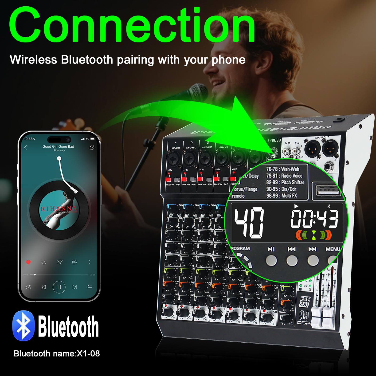 Mixer audio a 8 canali Mixer Console professionale con 99 effetti DSP, scheda di mixaggio del suono Mixer digitale DJ w/USB Bluetooth MP3 per la registrazione