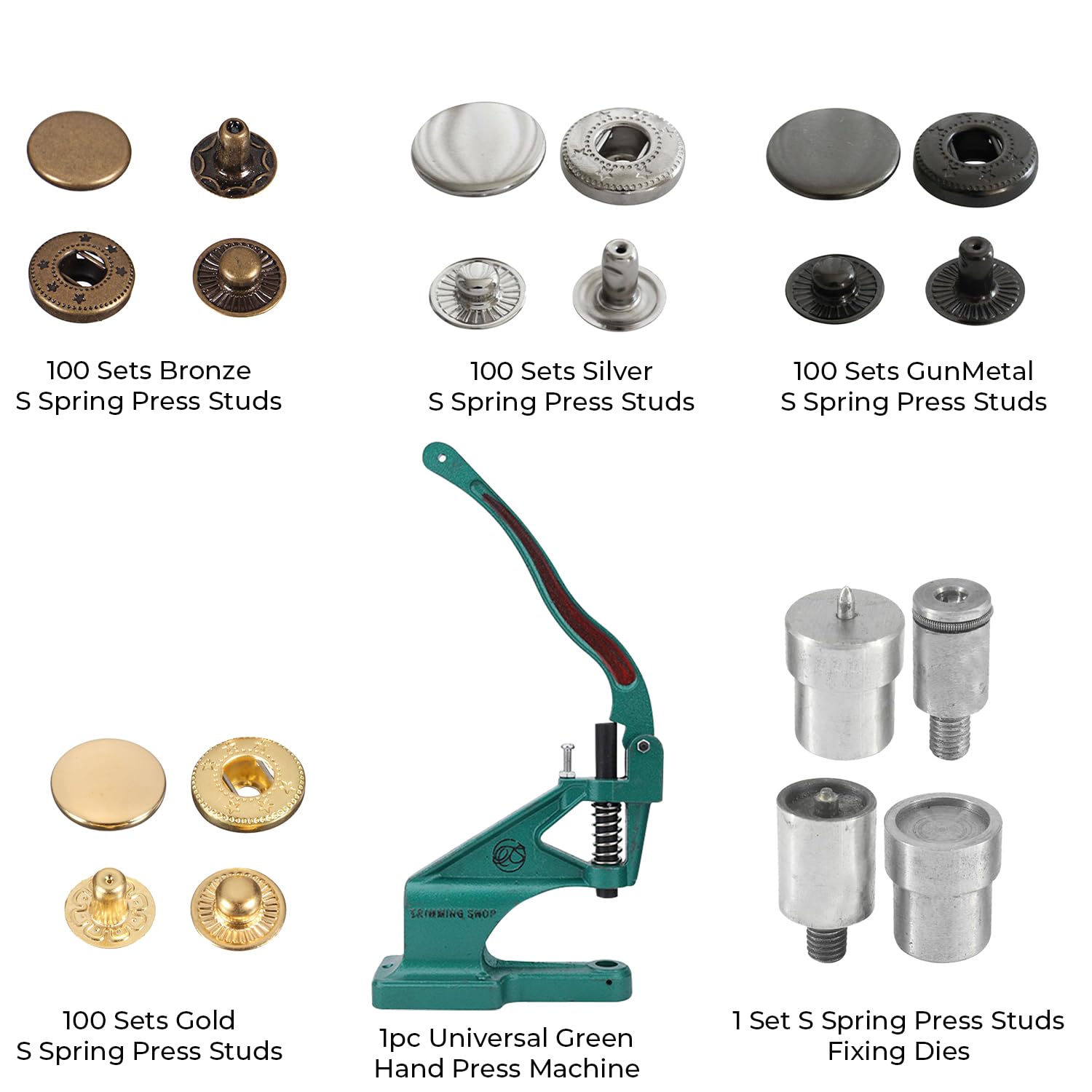 WedDecor 400 Set S-Feder-Druckknöpfe, 20 mm, Druckknöpfe, kein Nähen, Metallknöpfe mit Befestigungsschablonen und der grünen Maschinen-Handpresse für DIY Stoff Jacken Leder Handwerk Handtasche Gürtel