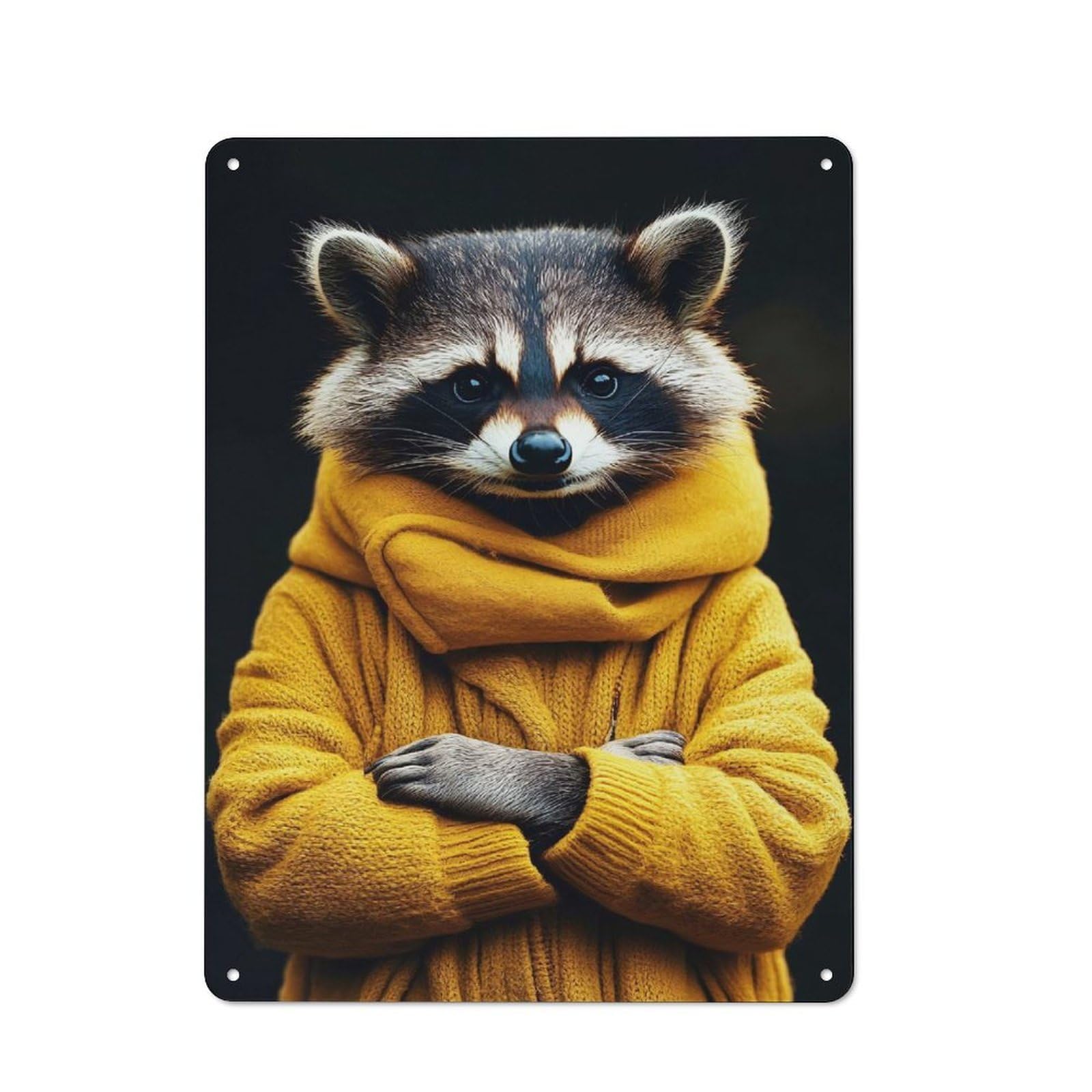 Industrial Raccoon in Yellow Sweater Portrait Retro Metal Sign 40x30cm, Shed Wall Plaque for Garage, Workshop, Shed Or Utility Room