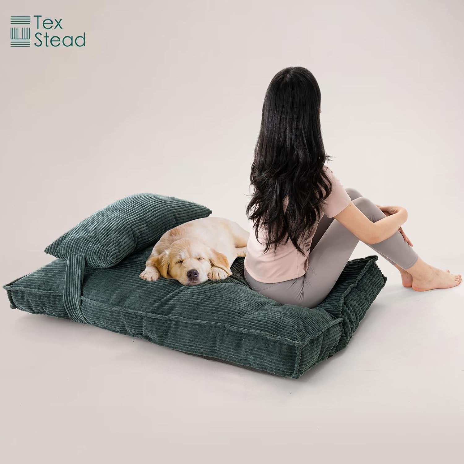 TEXSTEAD Corduroy Medium Dog Bed, Soft Washable Pet Bed with Removable Cover, Orthopedic Foam Support, Non-Slip Bottom for Medium Breed Dogs 32"x24" Dark Green 32"L x 24"W x 4"Th