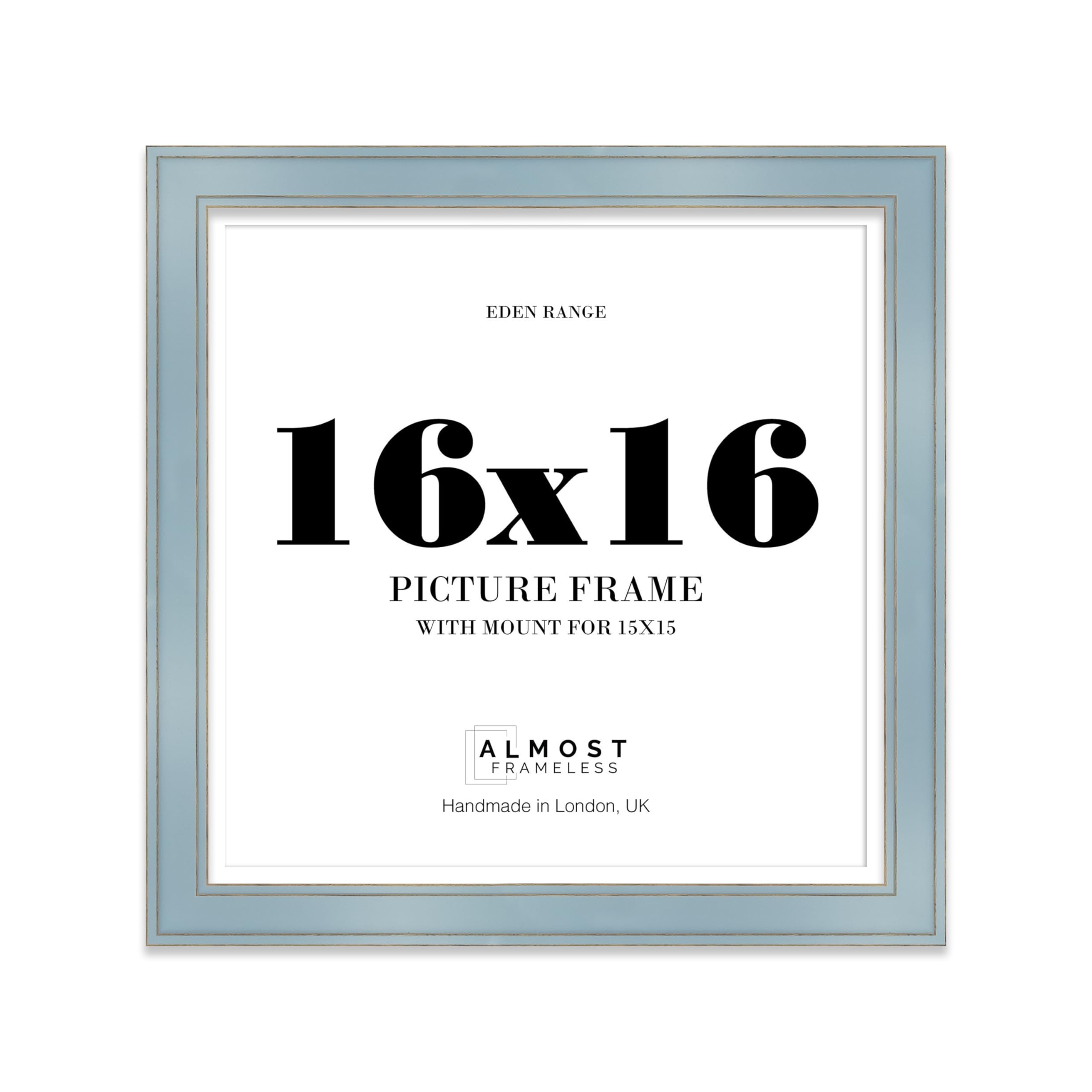 16x16" Cornflower Blue Square Picture Frame with 15x15" Mount - Shabby Chic Photo Frame with Distressed Finish, Gold Trim, Wall Hooks, 37mm Edge - 1 Pack