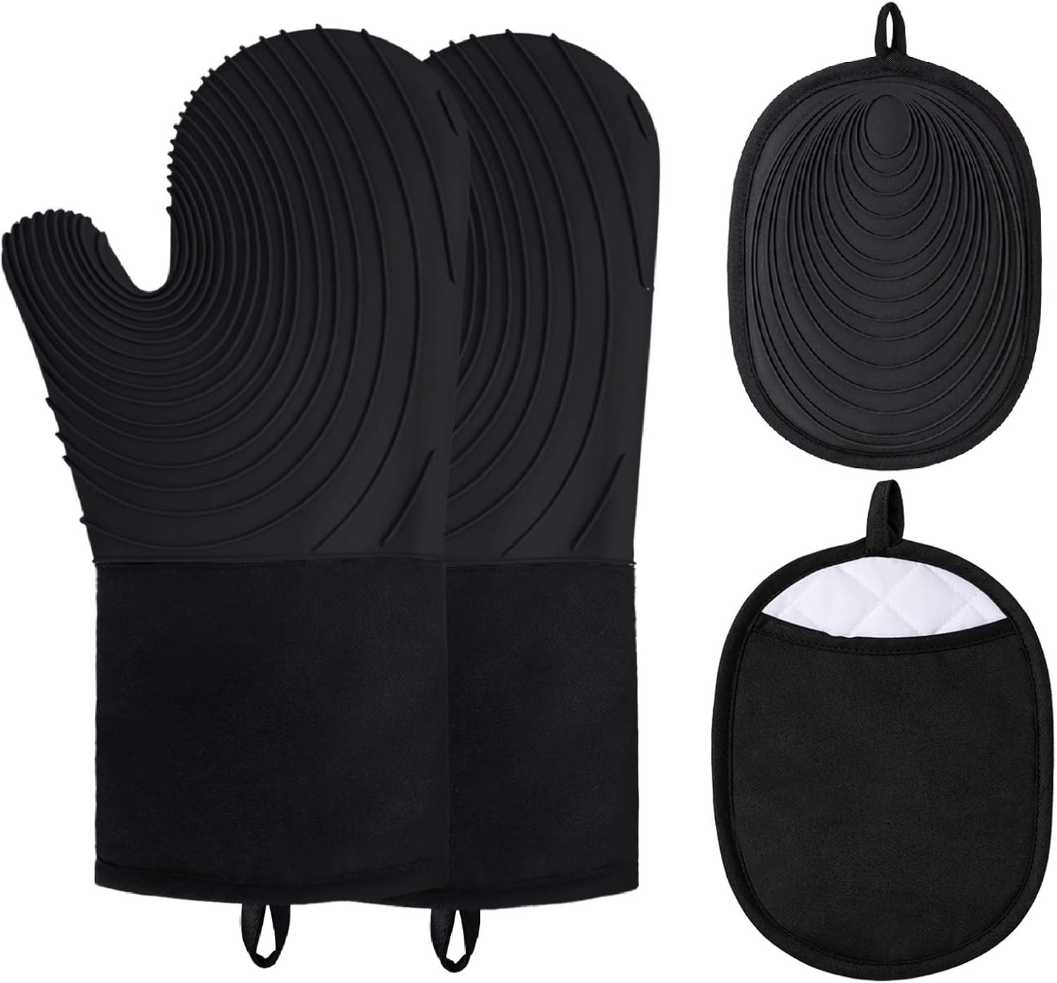 eletecpro Silicone Oven Mitts and Pot Holders Sets, 550 Degrees Heat Resistant Oven Gloves Flexible with Cotton Liner Grip Cooking Mitts for Kitchen,Baking,Cooking,Black