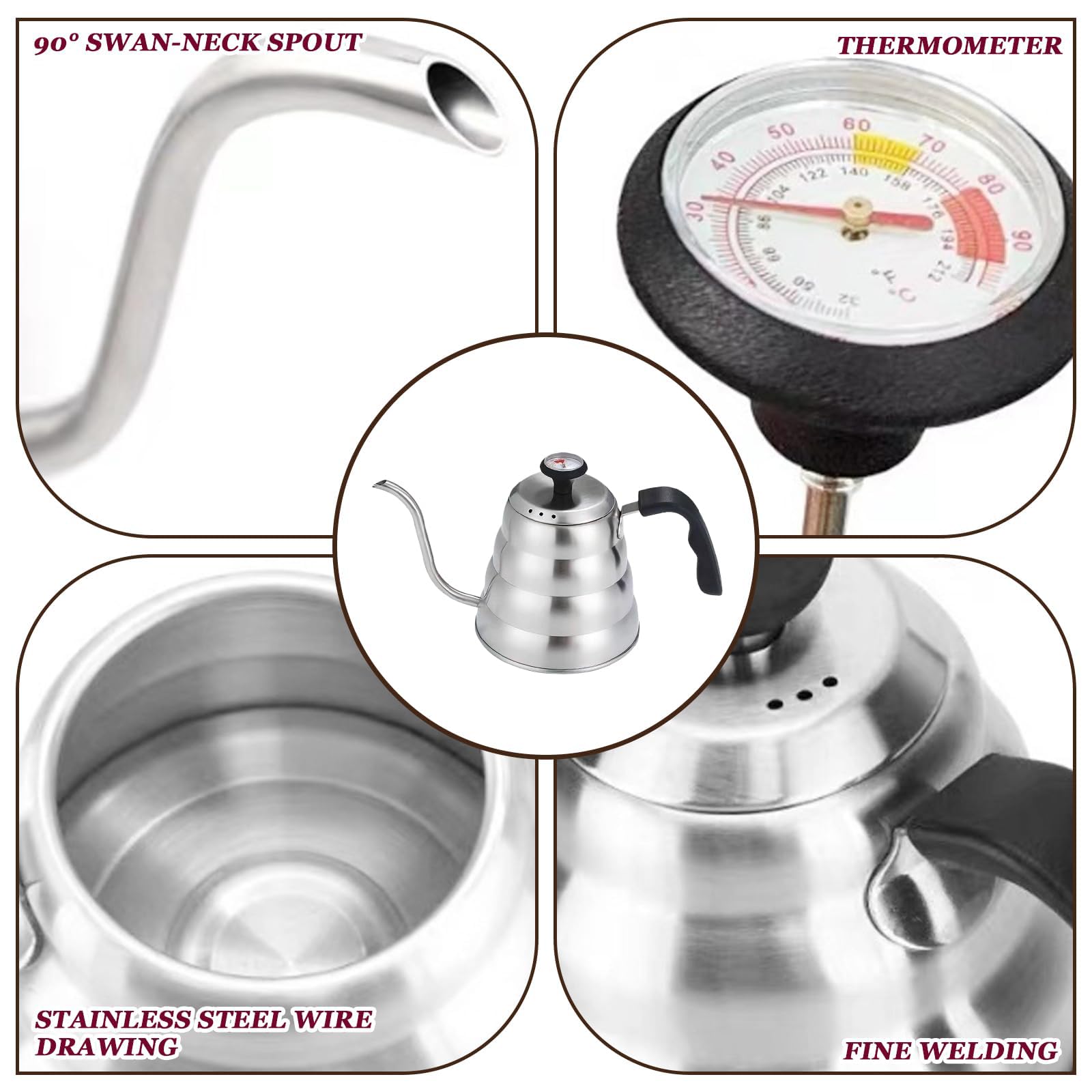 1L Edelstahl Wasserkessel Kaffeekanne mit Langer Auslauf, Schwanenhals Wasserkocher mit Thermometer, Wasserkocher Schwanenhals, Schwanenhalskessel, Gooseneck kettle für Kaffee und Tee