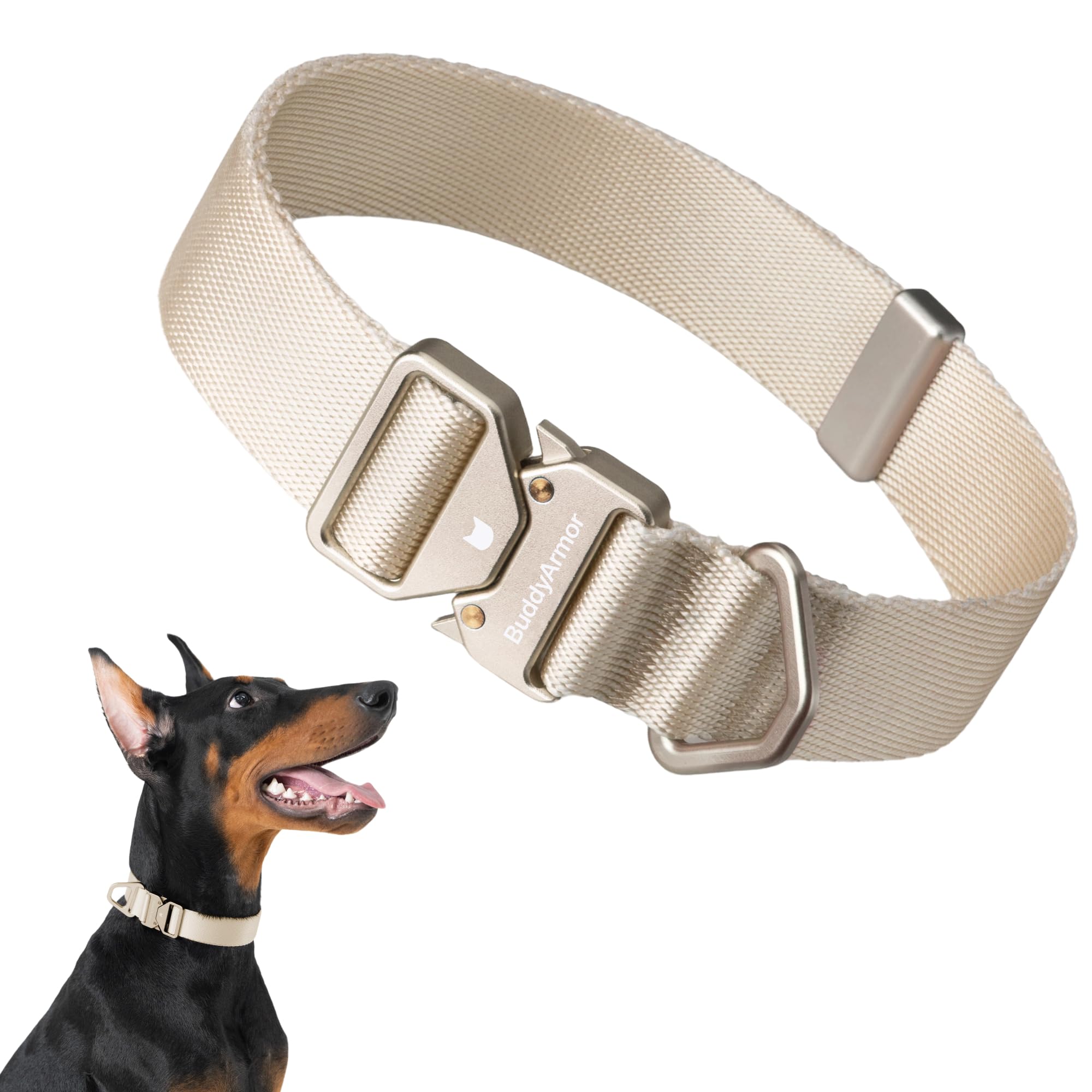 Photo 1 of BuddyArmor Light Alloy Dog Collar Pro, Soft Lightweight Dog Collar with Metal Buckle Quick Release Adjustable Comfortable Nylon Collar for Medium Large Dogs Walking Training Running (Linen, M)