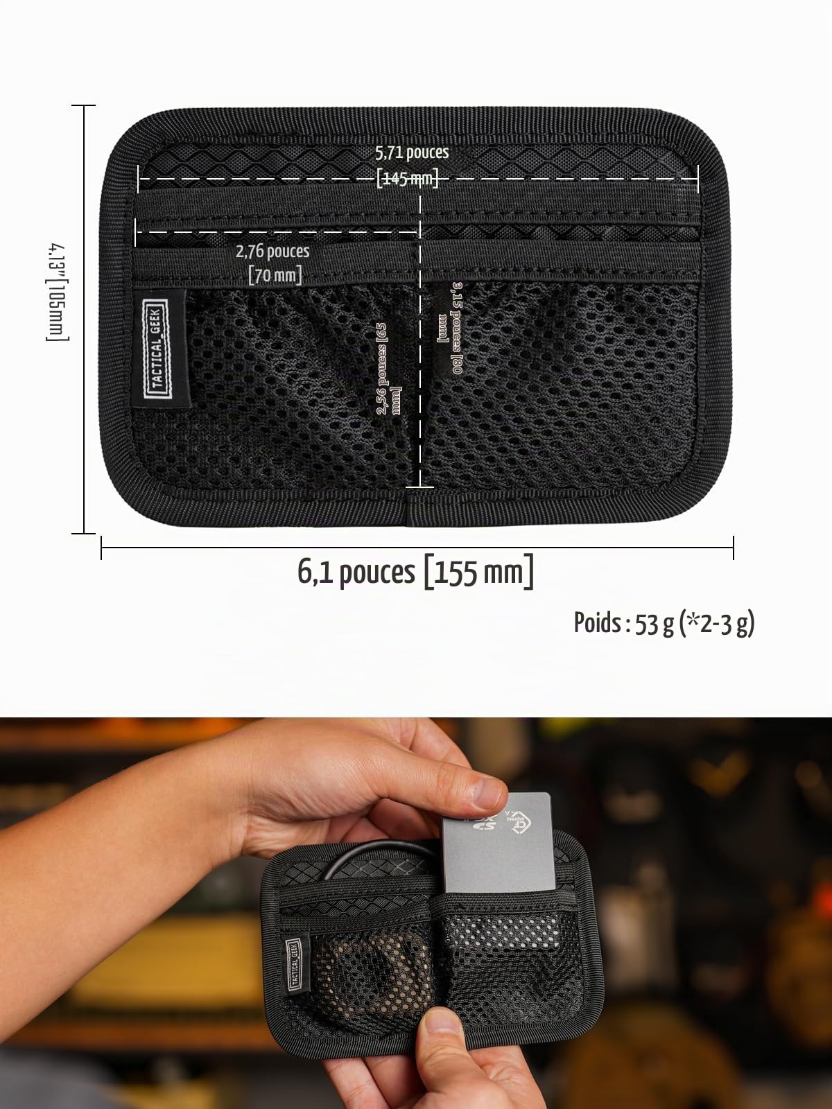 TACTICAL GEEK TCM3 Mini Tableau Organisateur EDC, Accessoires De Sac À Dos avec Poche Ouverte & Poche en Maille, Panneau D'insertion avec Crochet Et Boucle Modulaires pour Transport Quotidien, Noir