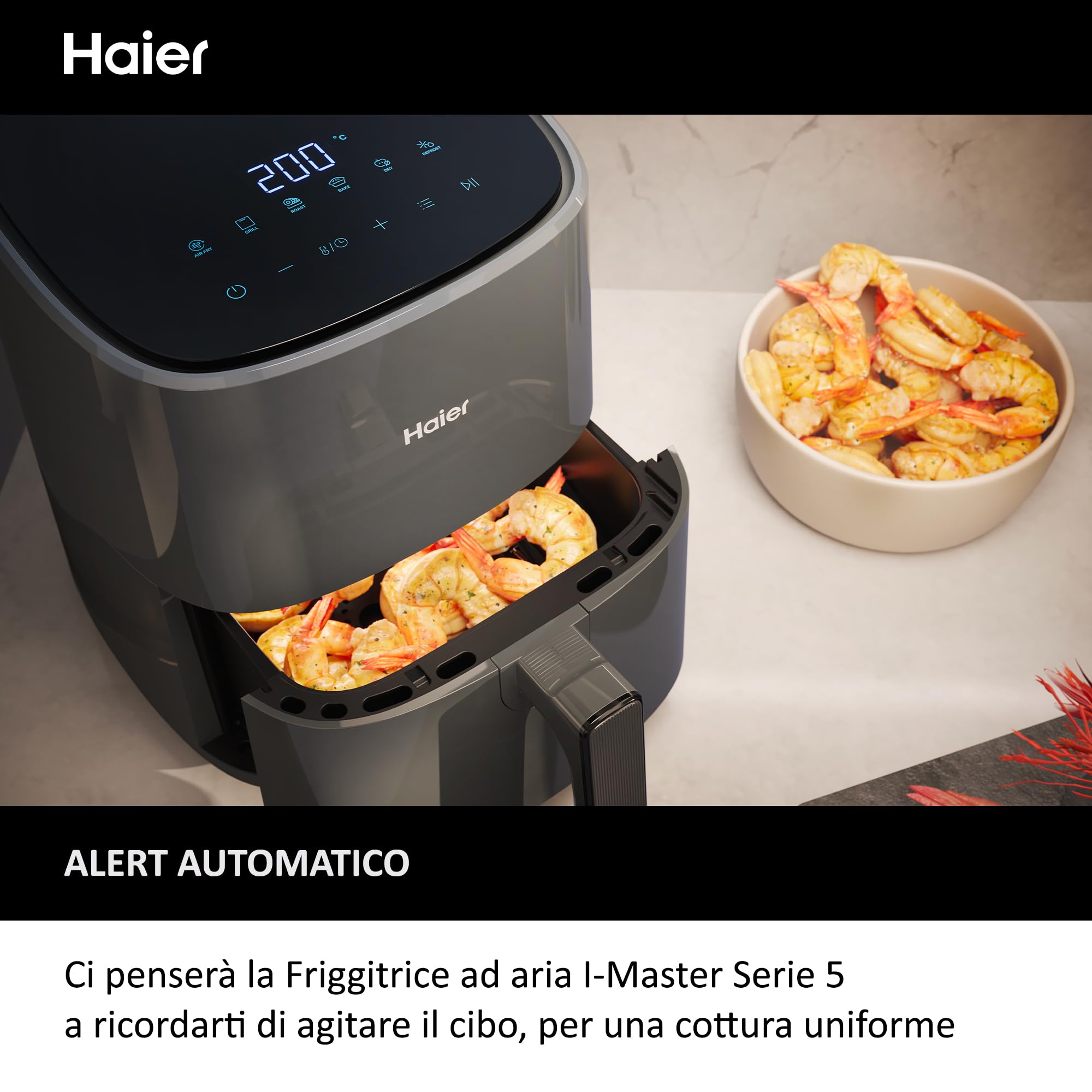 Haier Friggitrice ad aria I-Master, 6 in 1 con display touch, cuoci, arrostisci, griglia, scongela, capacità 5 litri per un massimo di 4 persone, [Nero]