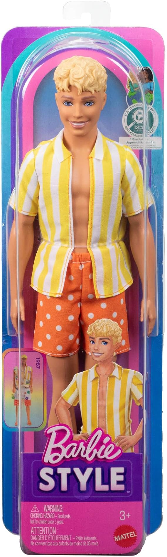 Barbie Fashionistas Style Ken Doll #252 with Blond Hair, Wearing Orange and Yellow Polka-Dot Board Shorts with Yellow and White Striped Shirt, Orange Shoes