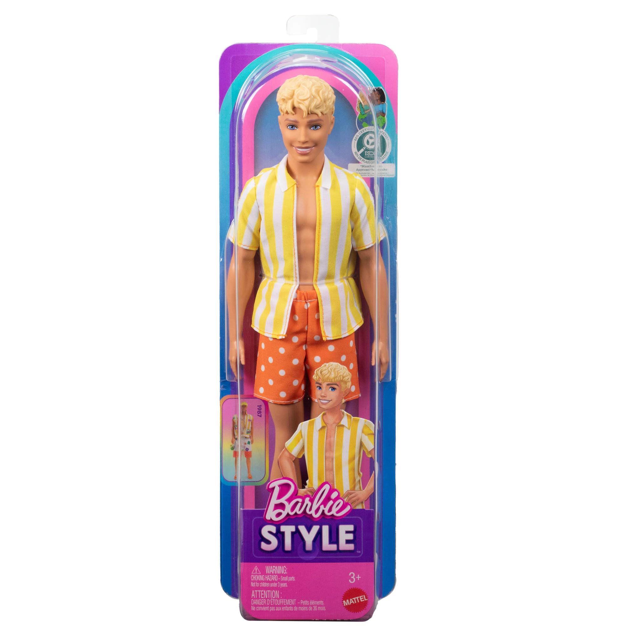 Barbie Ken Fashionistas Lalka modowa #252, blond włosy, pomarańczowe szorty w kropki, żółta koszulka w białe paski i pomarańczowe klapki, zabawka dla dzieci 3+, JJN66