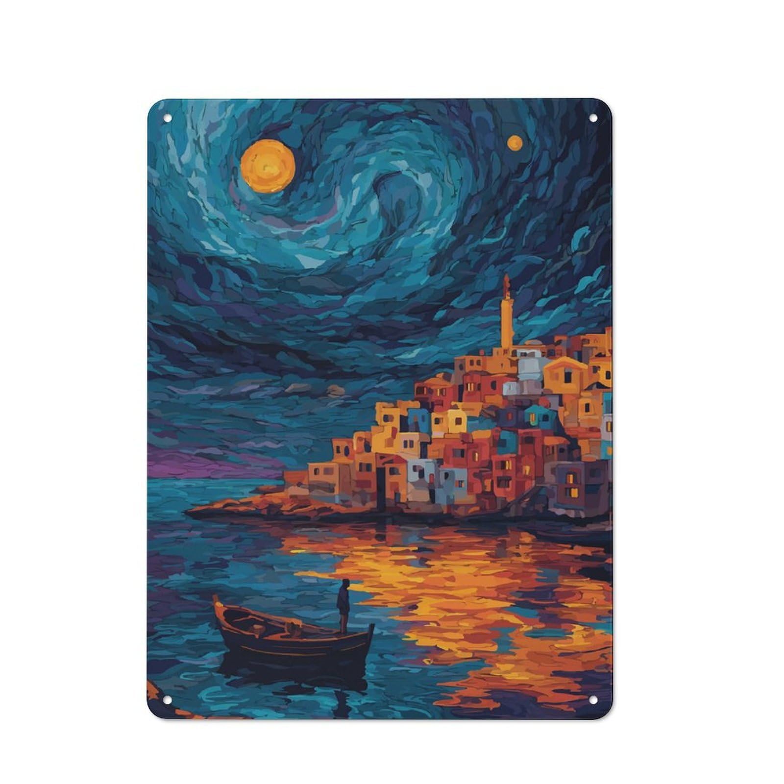Junmoney Coastal Town At Night With Boat Urban Decorative Metal Plaque 40X30cm Featuring Loft Wall Plaque For Loft, Studio, Office Or Creative Room