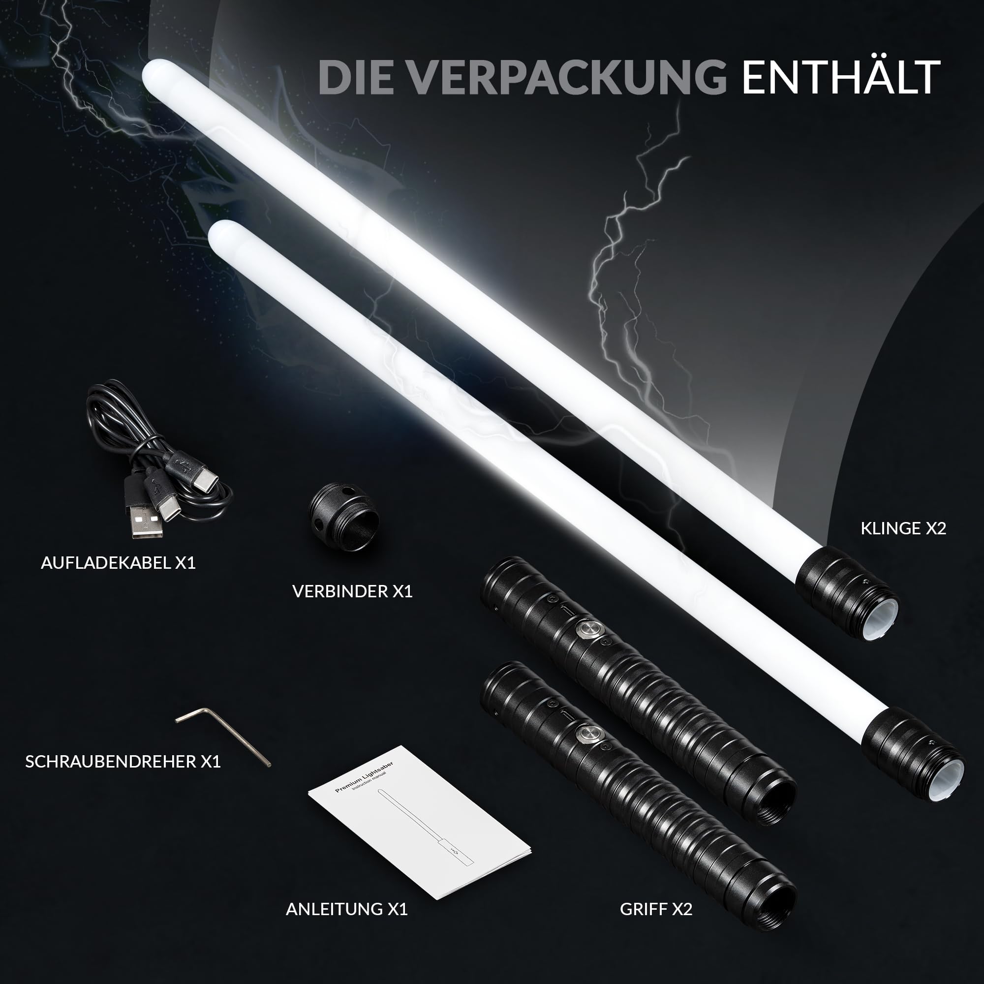 Laserschwert Kinder und Erwachsene - Lichtschwert 2er Set | USB Wiederaufladbares Doppel Leuchtschwert | Doppelklingen Lichtschwerter mit 15 Farben & Soundeffekten | Schwert mit Schwarzem Metallgriff