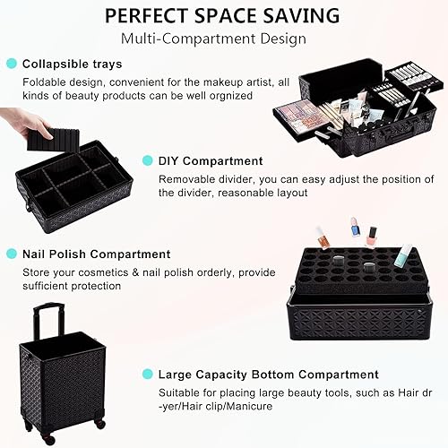 Miniatura 6 de AROUS Estuche de maquillaje profesional 5 en 1, estuche de aluminio para cosméticos, estuche de maquillaje con ruedas giratorias de 360 , Negro -,