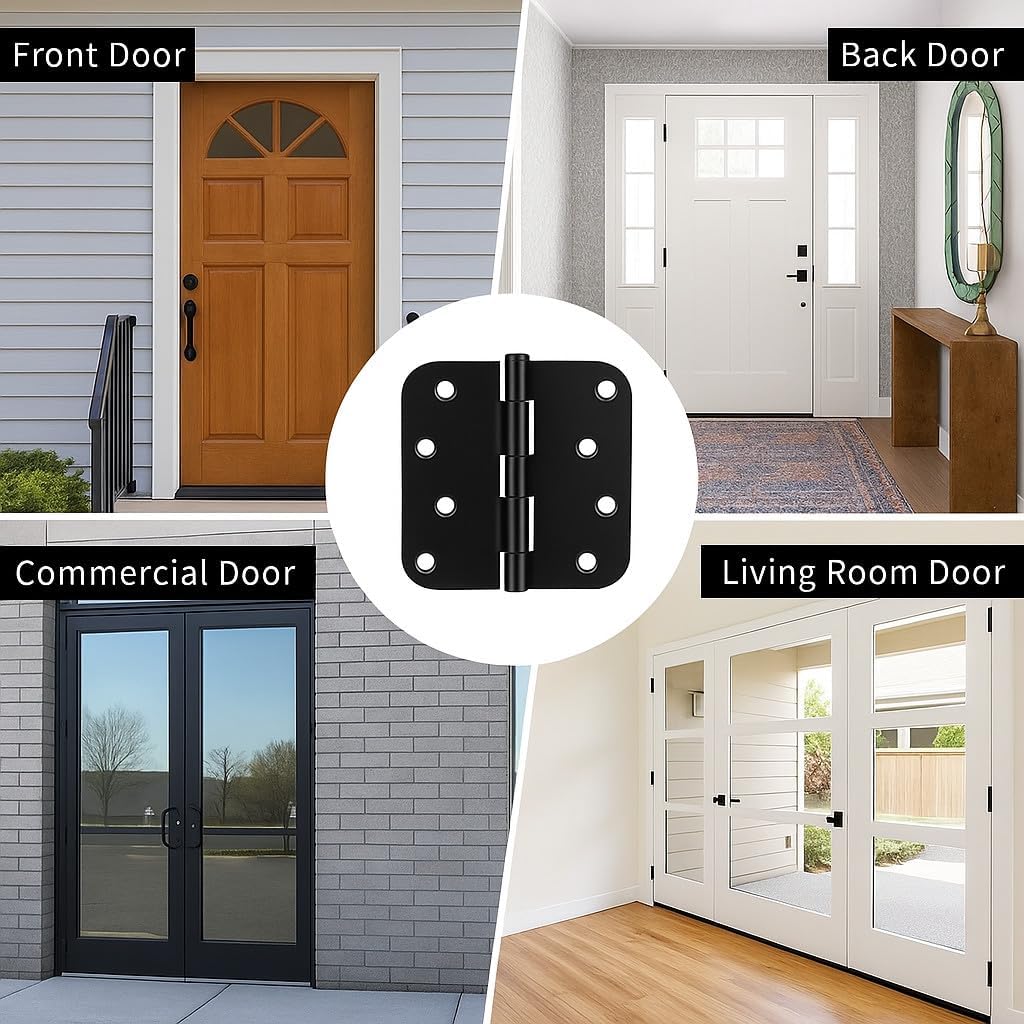 ANGSTROM 4" x 4" Heavy Duty Door Hinge – 8 Hole with Rounded Corners for Interior or Exterior Door, Matte Black (6-Pack)