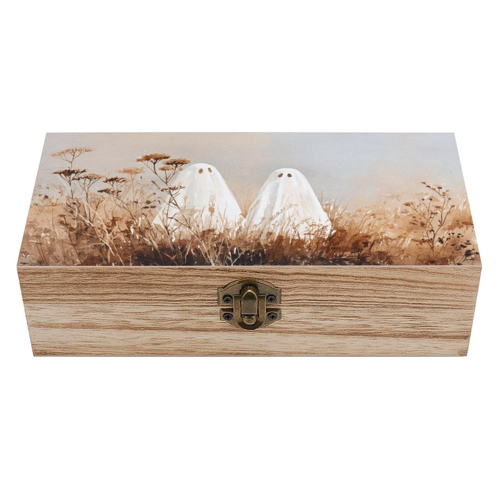 Ahdyr As Pic Two White Ghosts Autumn Field Tall Grass Wooden Storage Box With Hinged Lid And Front Clasp Large Keepsake Box