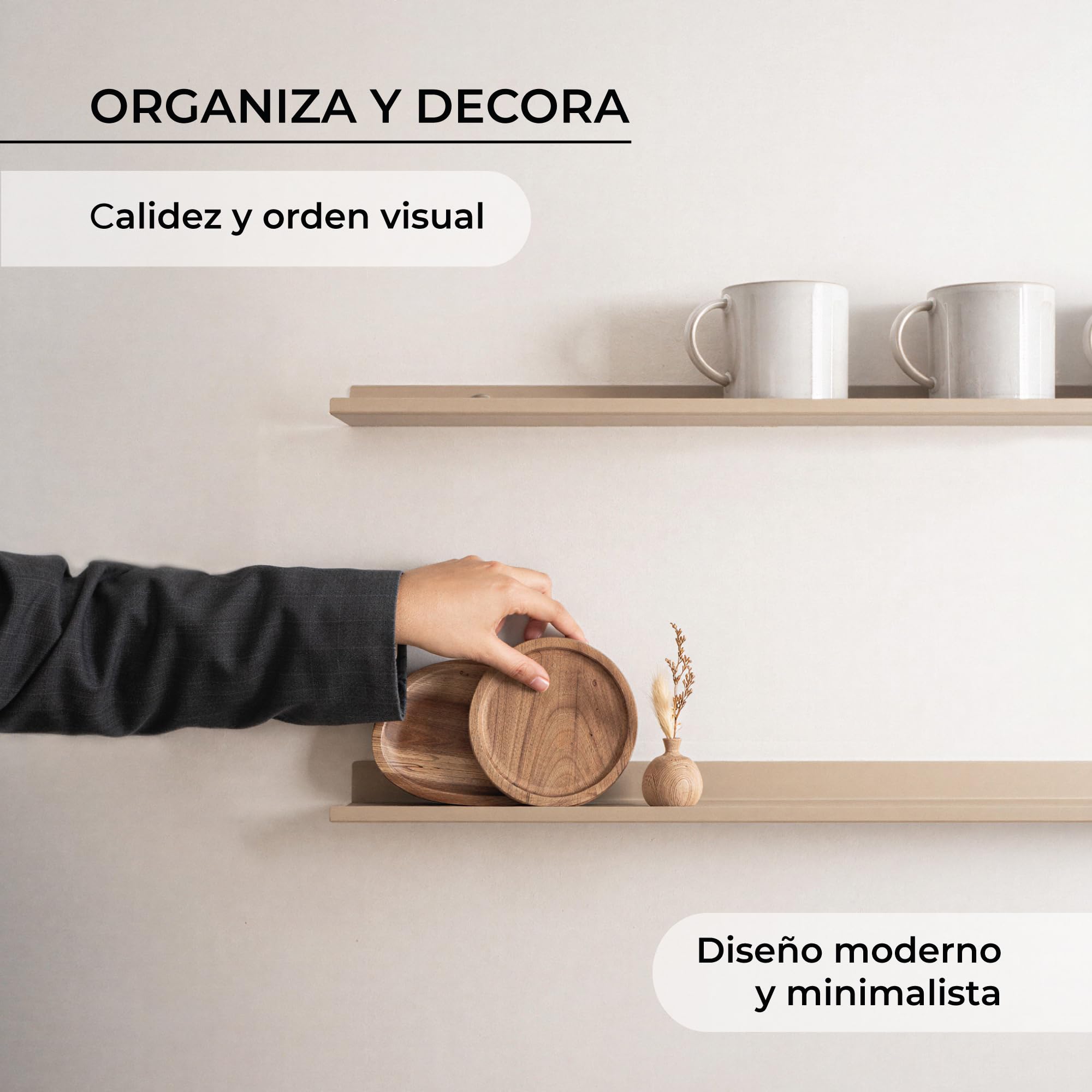 MILUKA Estanteria Pared 70 x 10 cm - Set 2 Estantes Flotantes en Metal Beige Arena - Baldas Pared Estrechas para Cuadros, Fotos y Objetos - Repisas Modernas para Decoración Habitación y Salón