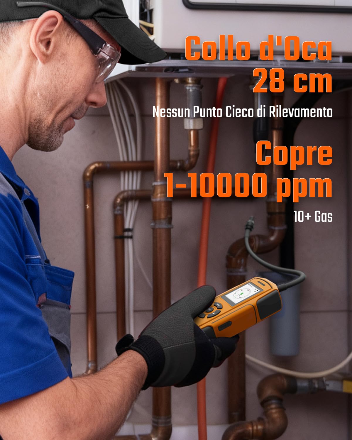 TopTes Rilevatore di Gas Ricaricabile PT-990 con sonda da 28 cm, intervallo di rilevamento 0–10000 ppm, registrazione dati e 3 tipi di allarme, Rilevatore Perdite di Gas per propano, metano -Arancione