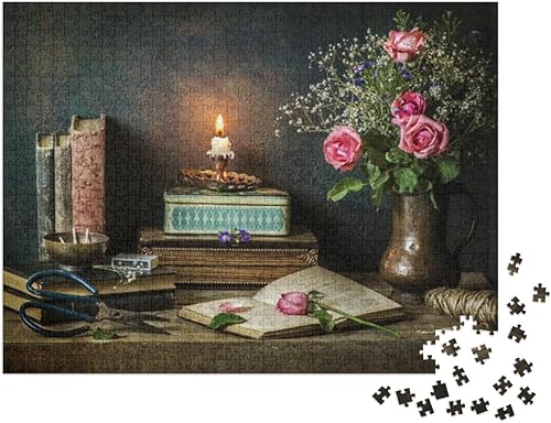 Miniatura 2 de Naturaleza muerta clásica con libros vintage colocados con hermoso... rompecabezas rompecabezas con 1000 piezas
