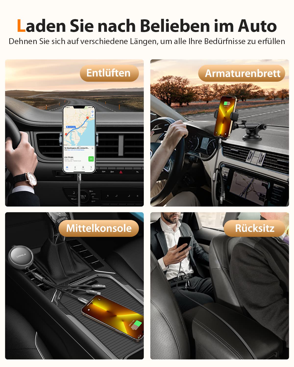CAFELE Cavo Multi USB Retrattile per Auto,3.3ft【Play Car】,un Lato estensibile,Anti-groviglio【Guida sicura】,3 in 1 cavo di Ricarica Retrattile per Telefono,Android,Samsug,Huawei,LG,Pad (Grigio)