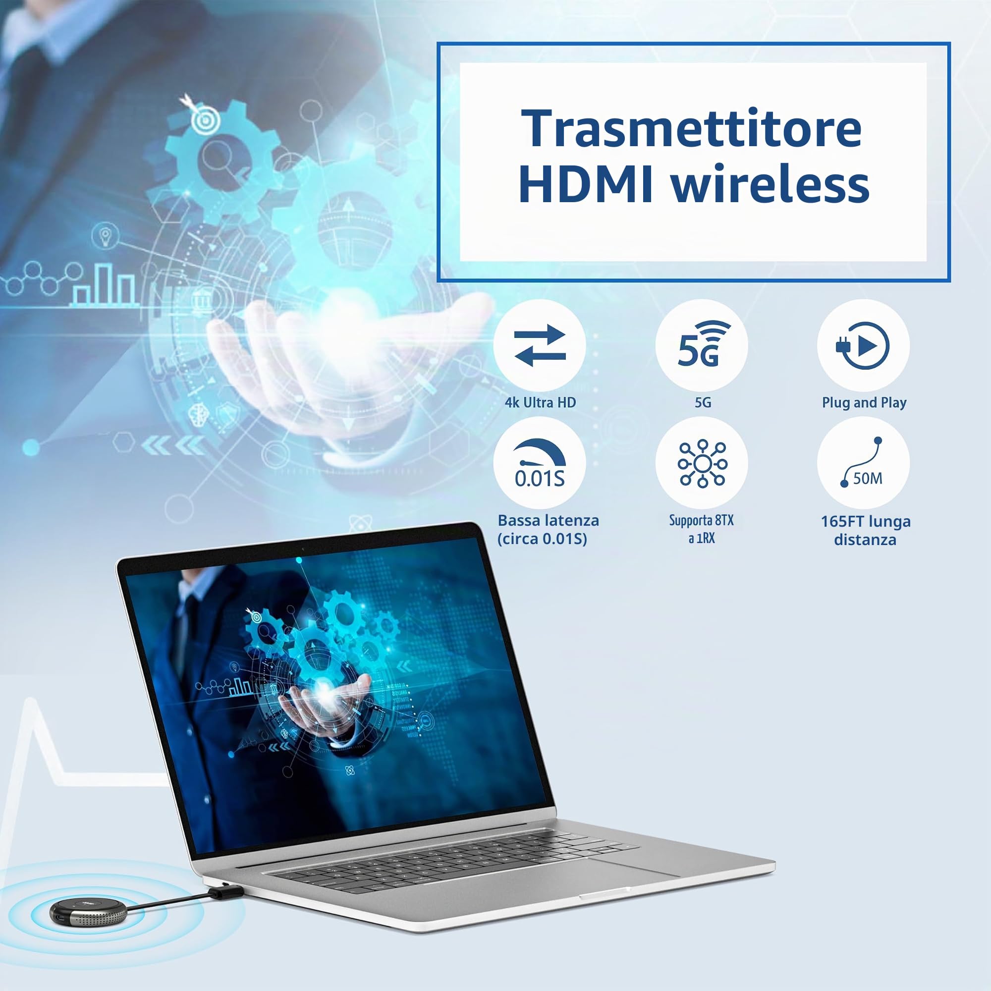 HDMI Wireless, 164FT/50M Trasmettitore e Ricevitore HDMI senza Fili 4K Kit 5G HDMI Wireless Extender, Ricevitore Streaming Audio Video Cast da Laptop/PC/Fotocamera/DVD/Proiettore/Monitor