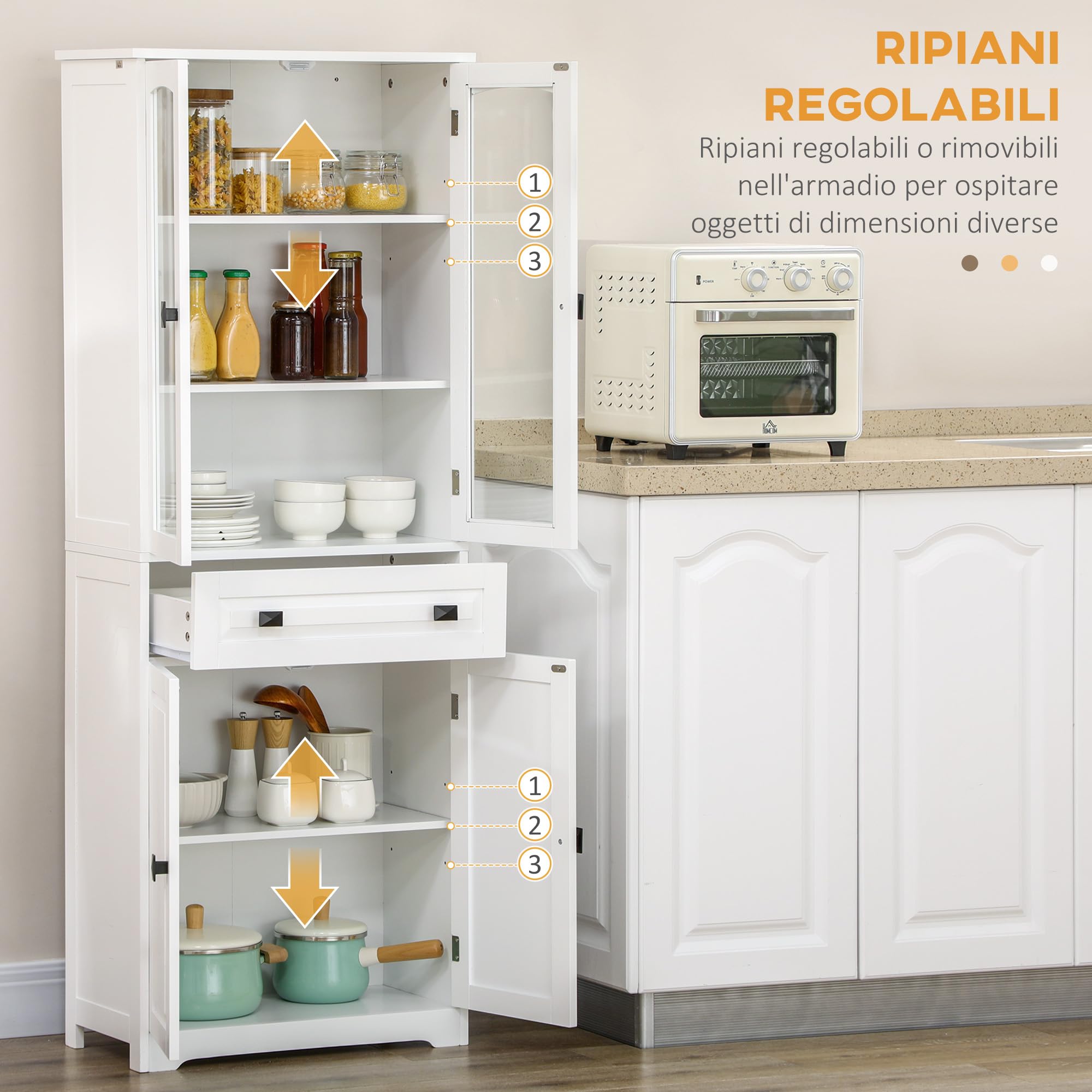 HOMCOM Credenza Cucina con 2 Armadietto e Cassetto 60x30x160cm Bianco | Mobile Dispensa Stretto, Ante in Vetro, Ripiani Regolabili, per Soggiorno, Sala da Pranzo