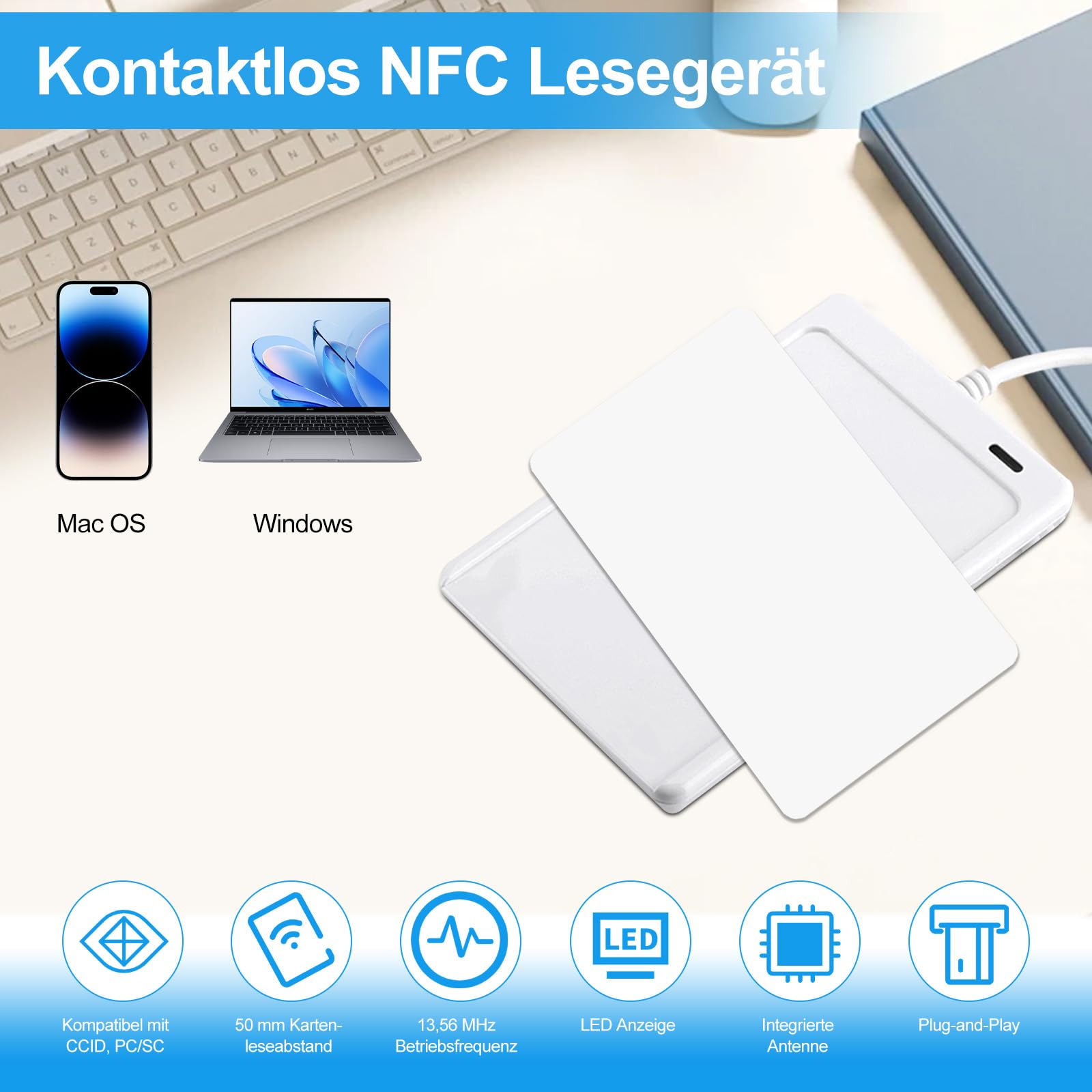 Lecteur NFC RFID Acr122u - Lecteur USB sans contact - Prend en charge Iso 14443a/B Felica NFC - Avec vitesse de 424 Kbps - Pour ordinateur jusqu'à 50 mm de portée