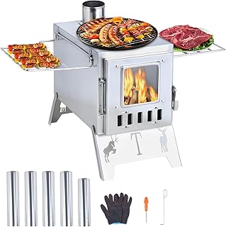 Wood Burning Stove with 5 Pipes Accessories, Hot Tent Stove Visible Window Side Panels Heating Cooking for Outdoor, Camping, Hunting, Ice Fishing
