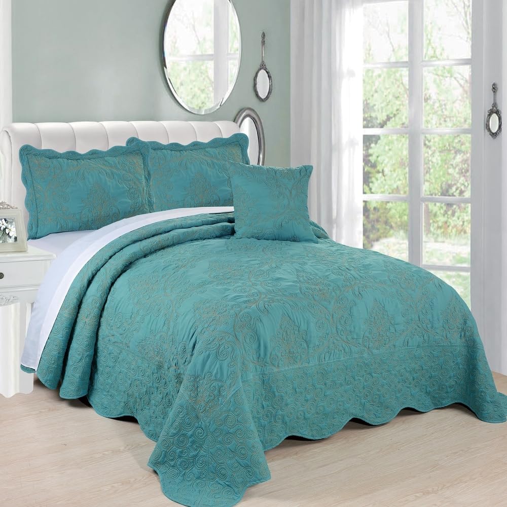 French Country Style 4 Piece Pretty Embroidered Geometric Pattern Oversized Queen Bedspread | All Seasons Shabby Chic Bedding Teal Blue Green Color Designer Aesthetic Look Soft Plush Cozy Feel