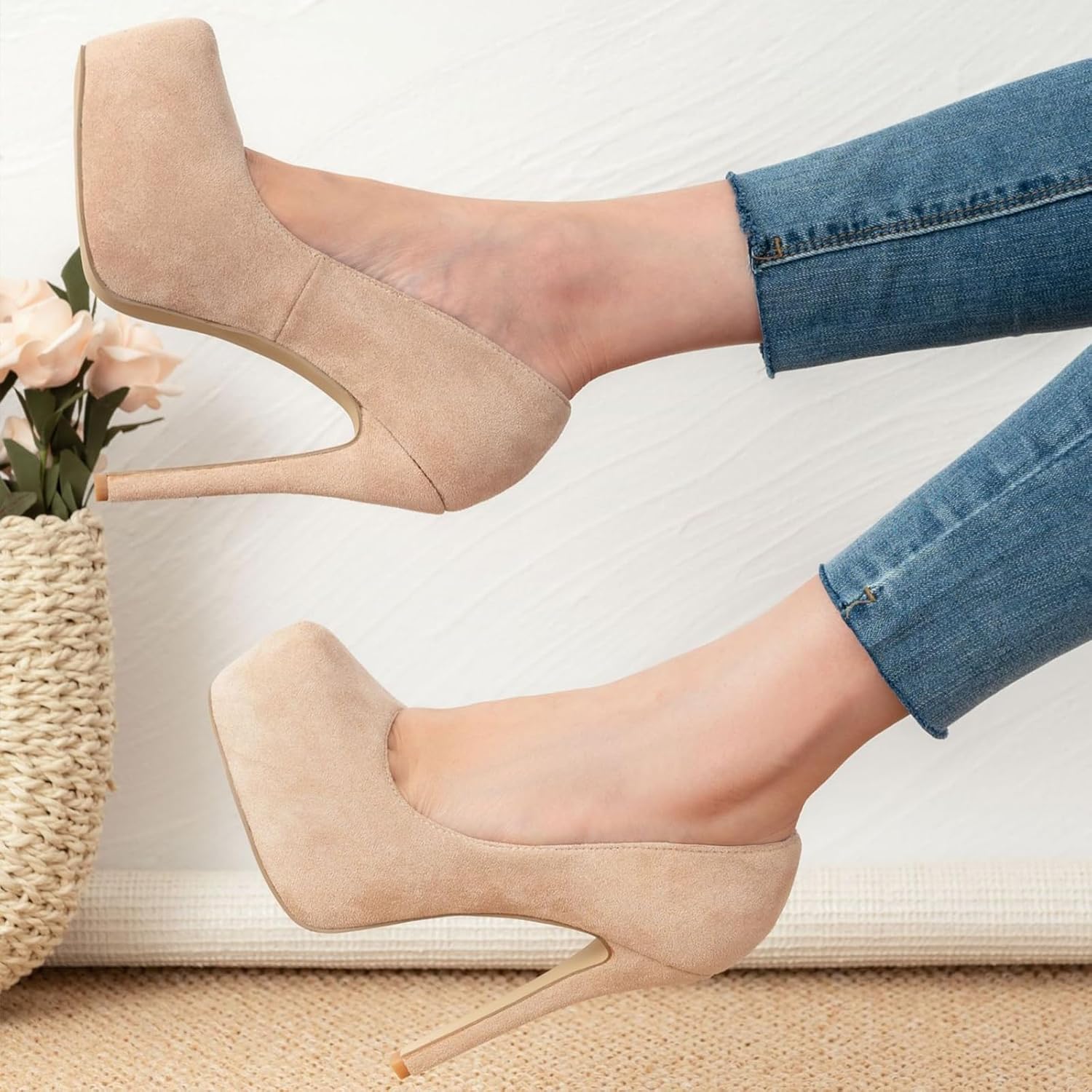 Women's Suede Stiletto Round Toe Platform Sexy Party Pumps Slip On Fashion 5.43 in Slip On Super High Heel Prom Wedding Dress Shoes - Image 6