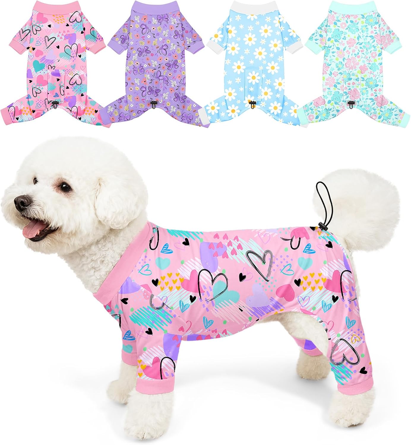 Bienbee Dog Pajamas, 4 Pack Cute Soft Dog Puppy Clothes Dogs Pjs Onesies Jammies Outfit Adjustable Breathable & Stretchy Clothes for Small Medium Large Dogs Girl Boy Puppy-M Hearts,Flowers Medium
