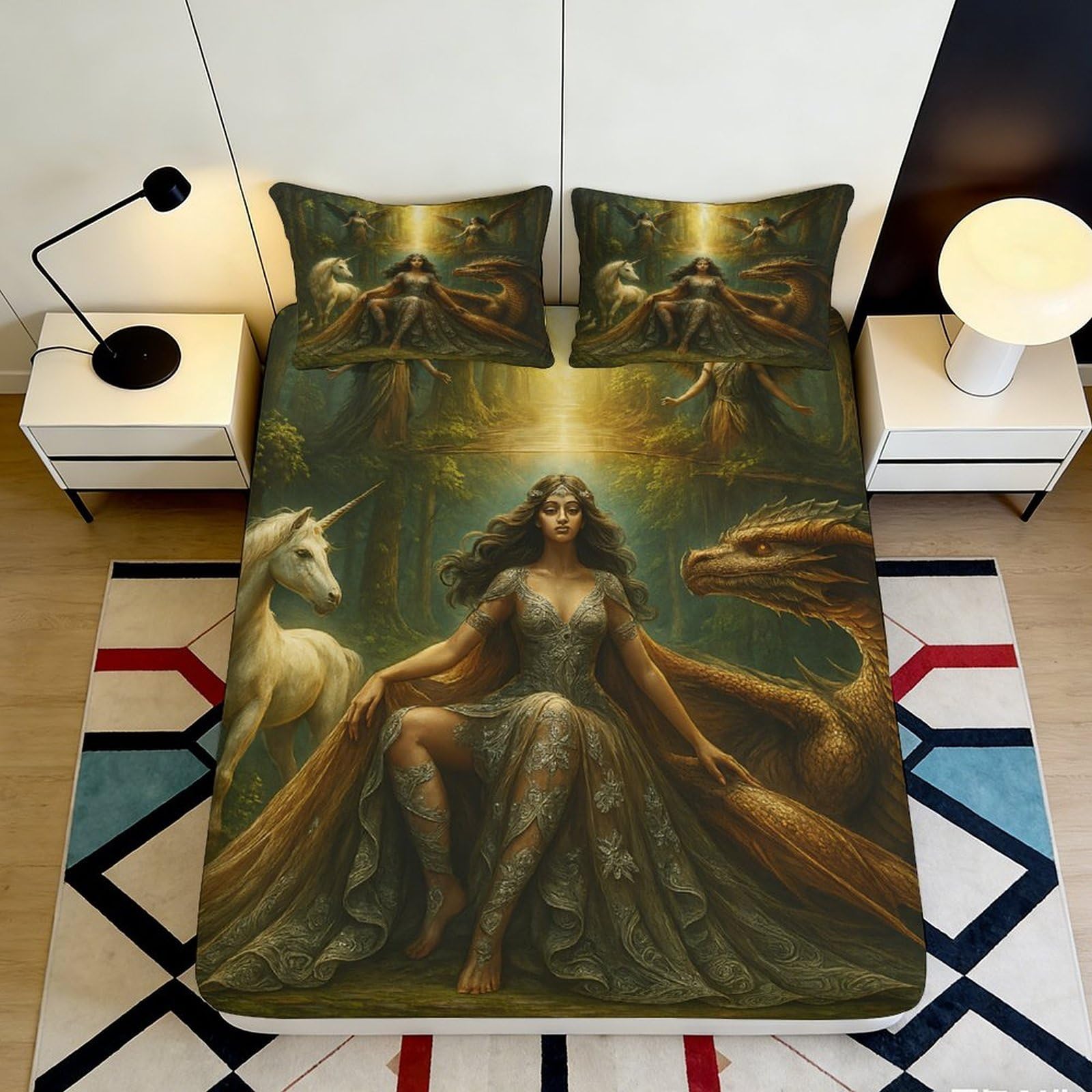 3D Printed Fantasy Goddess Fitted Sheet Microfiber Soft Medieval Dragon Unicorn Mattress Cover for Bedroom Decor Protection 90x200x25cm