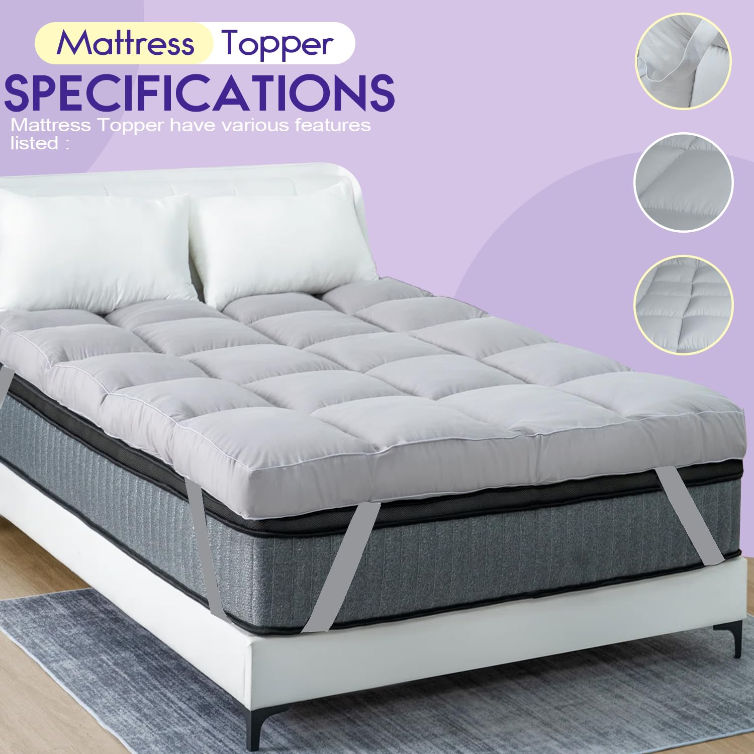 Linens World Mattress Topper Double Bed 10cm Thick, Quilted Super Soft Microfiber Topper, 1200GSM Anti-Allergy Fiber Fill, Washable with Strong Elastic Straps for Extra Comfort (137×190cm) — view 20