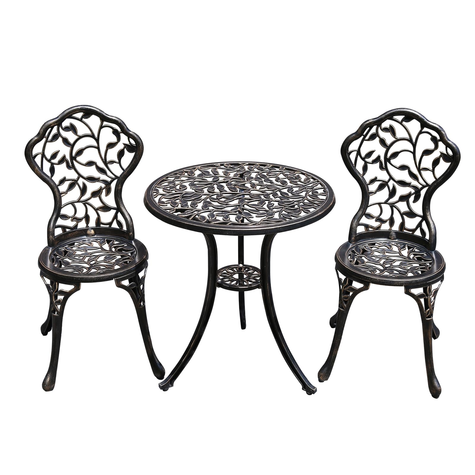 Antike gegossene Aluminium Taverne Set, 3-teiliges Set, Gartenmöbel Set mit Zwei Stühlen und rundem Tisch, dekoratives Design, Bronze Aussehen (Blatt)