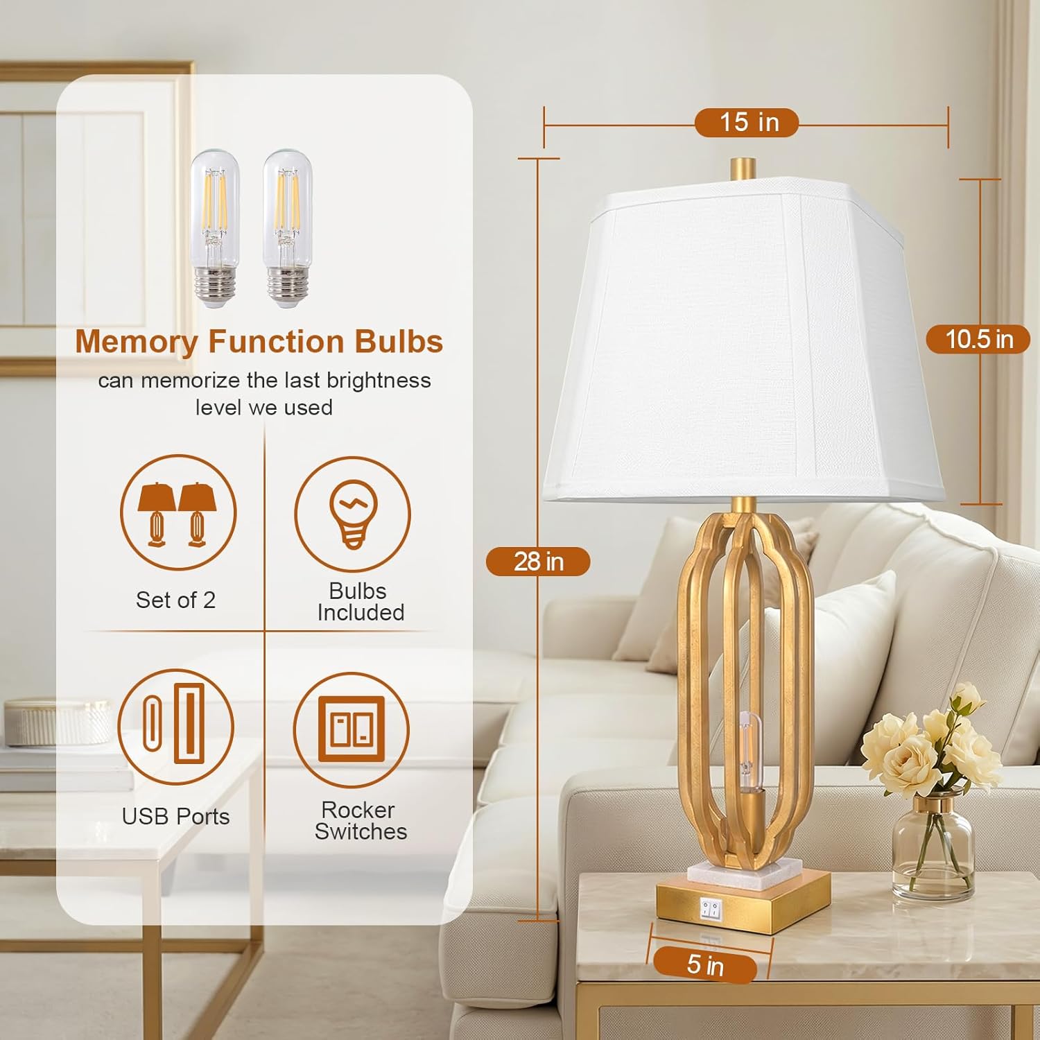 28" Iron Art Table Lamp Set of 2 for Living Room, Modern Gold Leaf Desk Lamps with Nightlight and 2 USB Charging Ports, Farmhouse Bedside Lamp for Bedroom Nightstand, 3 Way Dimmable Bulb Included