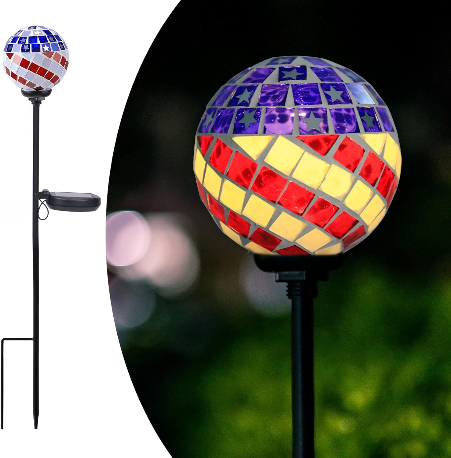 Afirst Solar Lights Outdoor Decorative - Solar Gazing Ball Mosaic Garden Stakes Patriotic Stars and Stripes Decorative Lights Waterproof for Pathway Yard Lawn National Day Decoration