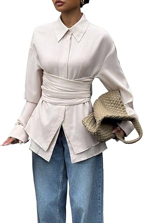 Women Elegant Waist Cinched Long Sleeve Blouse Shirt