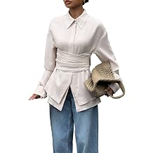 Women Elegant Waist Cinched Long Sleeve Blouse Shirt