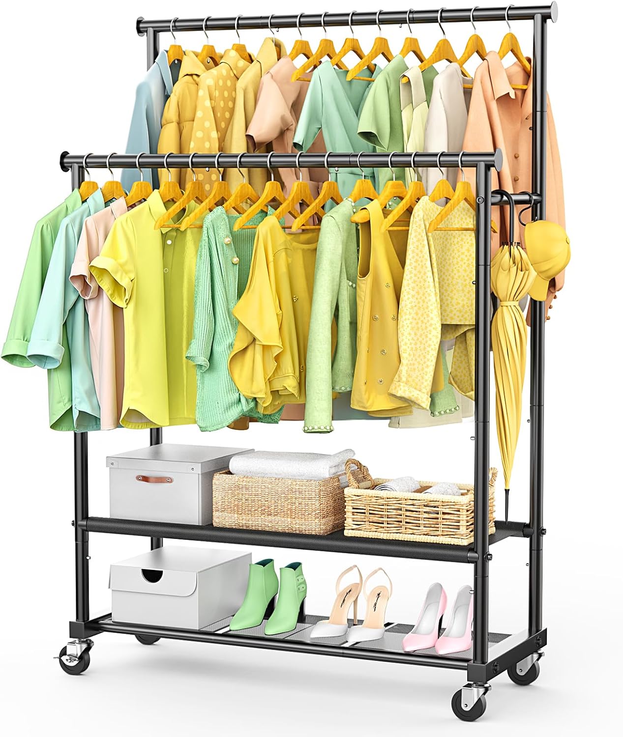 Heavy Duty Clothes Rack with Oxford Bottom Shelf and Mesh Bottom Shelf, Freestanding Garment Racks with Double Rods for Hanging, Rolling Clothing Rack with 360° Wheels for Bedroom Laundry Commercial Black