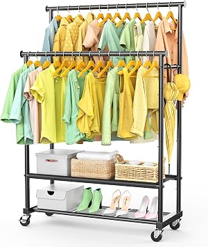 Double Rods Clothes Rack for Hanging Clothes, Heavy Duty Rolling Clothing Rack with Wheels, Freestanding Garment Racks with Oxford Bottom Shelf and Mesh Bottom Shelf for Bedroom Laundry Living Room