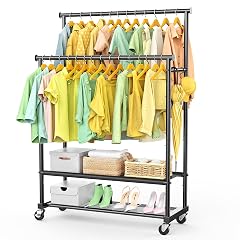 Double Rods Clothes Rack for Hanging Clothes Heavy Duty Rolling Clothing Rack with Wheels Freestanding Garment Racks with