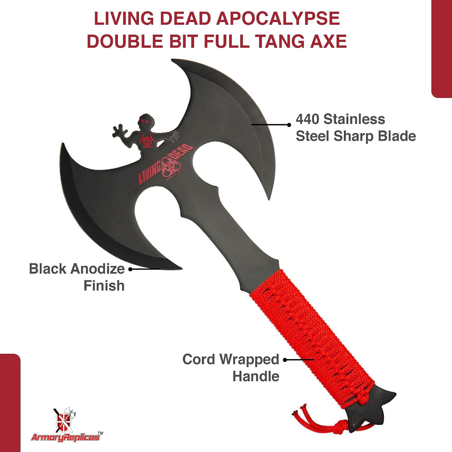 Armory Replicas™ Double Headed Skulking Throwing Axe – Full Tang Black Anodized Stainless Steel Axe with Red Nylon Wrap & Sheath