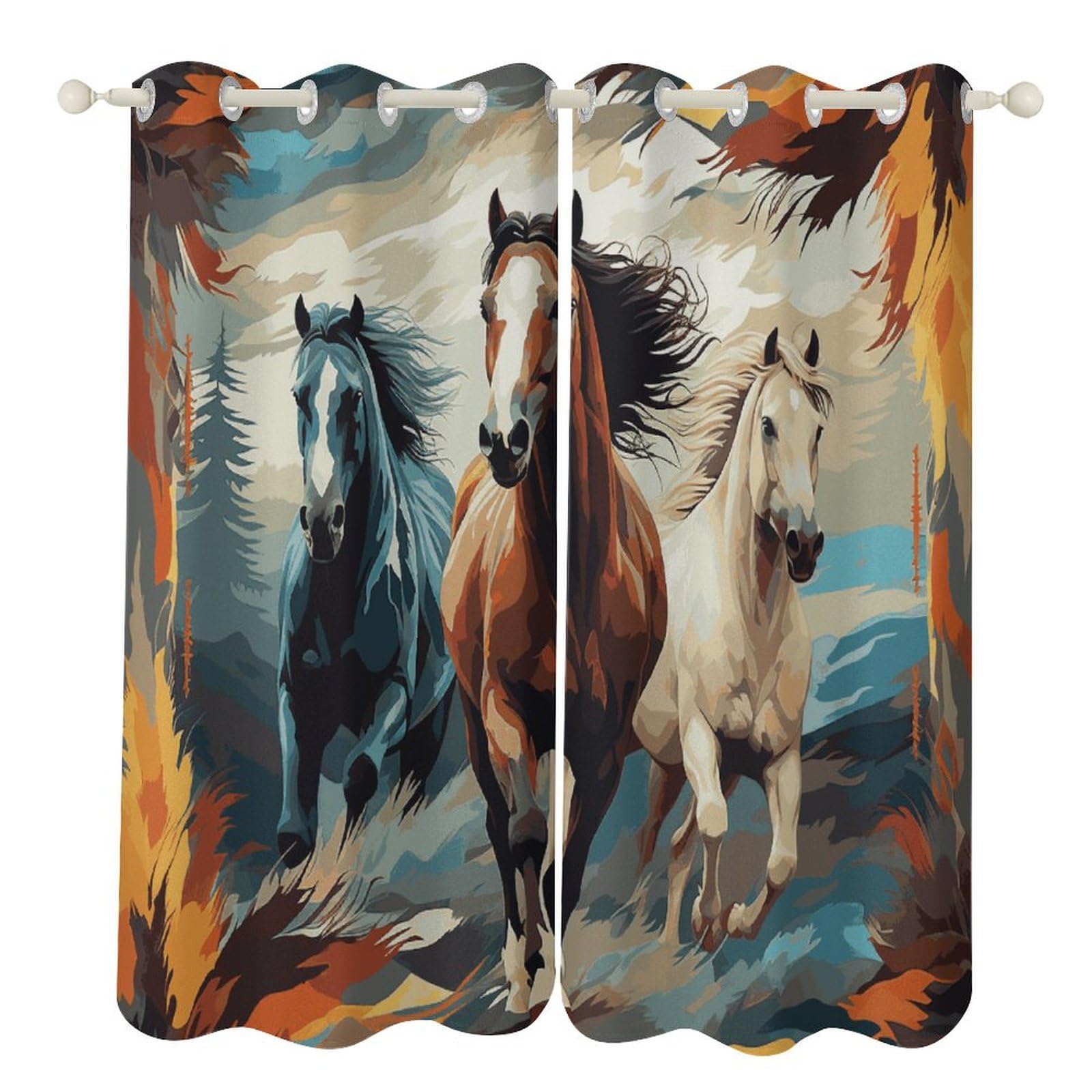 Rideaux occultants motif chevaux 132x213 cm isolants pour le salon